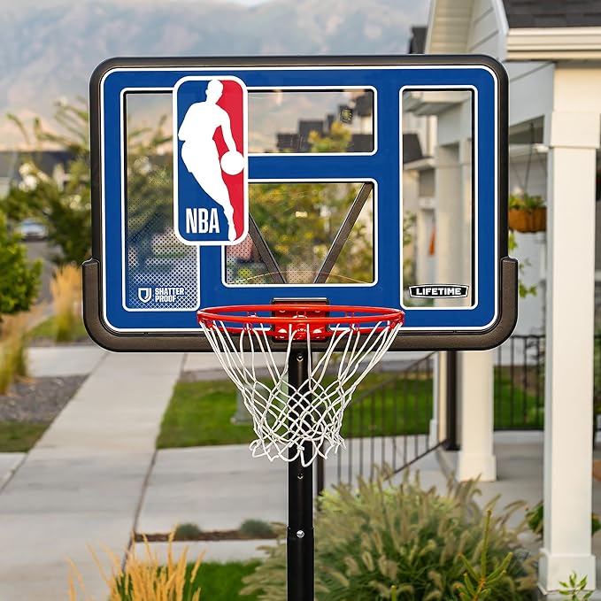 Lifetime NBA League Edition Portable Basketball Hoop, Adjustable Height 7.5-10 Ft, 44 Inch Shatterproof Fusion Backboard, Base with Wheels