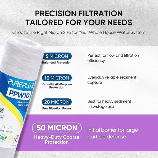 PUREPLUS 50 Micron 10"x2.5" Whole House String Wound Sediment Filter for Well Water, Replacement Cartridge for Universal 10 inch RO System, WP-5, AP110, CFS110, Culligan P5, WFPFC4002, 6Pack