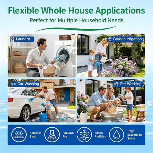 Whole House Water Filter Housing, Includes 1 Pack PP Sediment Filter, 20"x4.5" Transparent Housing with 1" NPT, 2 Valves, Reduces Sediment, Rust and Dirt, Pre-Filtration System for City & Well Water