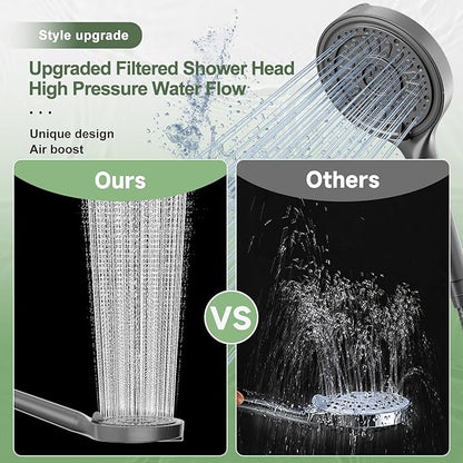 Filtered Shower Head, 6 Inch High Pressure Handheld Shower Filter Head for Hard Water, 6 Spray Modes Water Softener Showerhead with Hose and Shower Arm Bracket, Dark Grey