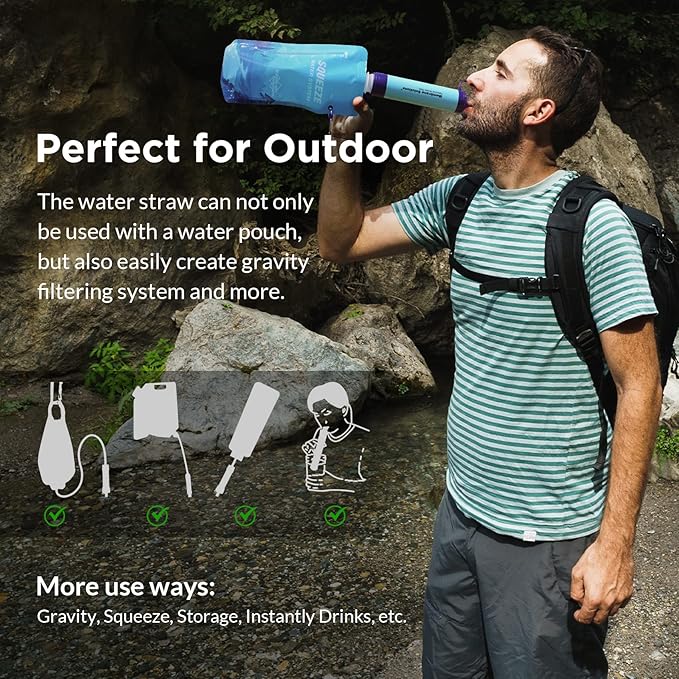 Membrane Solutions Squeezable Water Filtration System, Survival Water Purifier Kit, Portable Backpacking Gear Including Water Filter Straw and 23oz Collapsible Bottle for Hiking Camping Travel(2+6)
