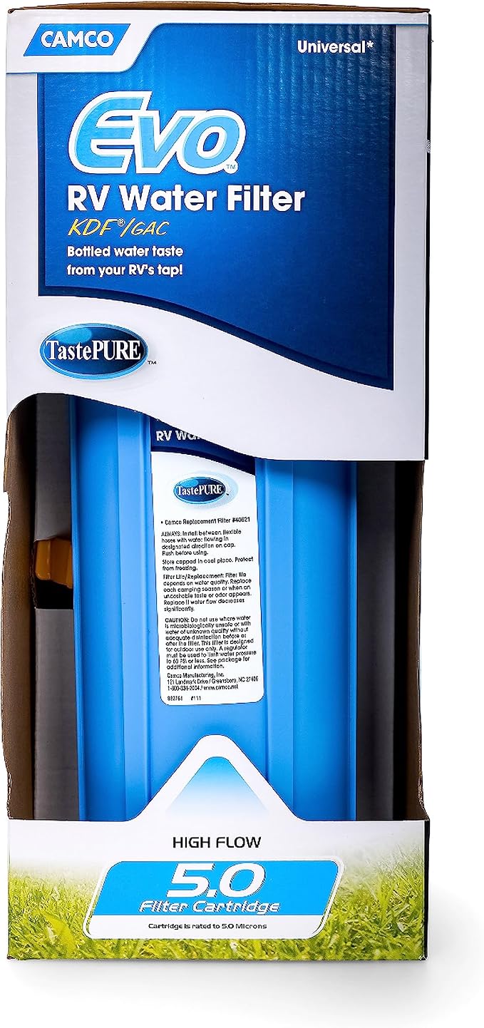Camco Evo RV Water Filter Features Granulated Activated Carbon for Bacteria Control & a Replaceable Premium Spun Polypropylene Filter Cartridge Camper for Clean Drinking Water (40631) (Pack of 2)