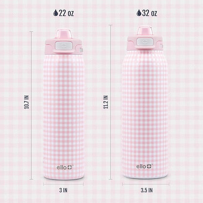 Ello Pop & Fill 32oz Stainless Steel Water Bottle with QuickFill Technology, Double Walled and Vacuum Insulated Metal, Leak Proof Locking Lid, Straw and Chug, Reusable, BPA Free, Pink Gingham
