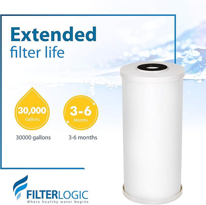 Filterlogic FXHTC Water Filter, Whole House Water Filter, Replacement for GE® FXHTC, GXWH40L, Culligan® RFC-BBSA, W10-BC, Carbon Filters, 5 Micron, Pack of 2 (Package May Vary)