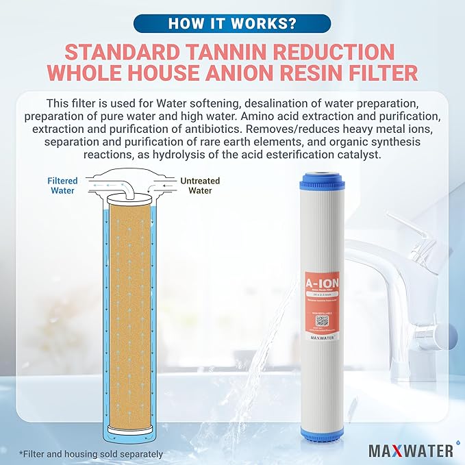 Max Water Slim Blue 20" x 2.5" Whole House Tannin Reduction Water Resin (for Tannins Only) Replacement Anion Filter Compatible with 20" Slim Blue Whole House Systems