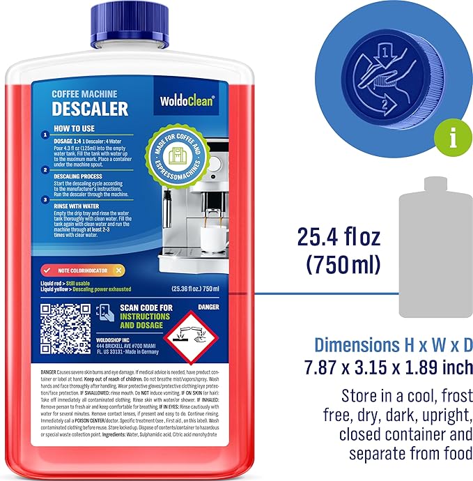 WoldoClean Descaling Solution for Coffee & Espresso Machines 25.6 Fl Oz - compatible with Keurig, Nespresso, Breville, Ninja, Nespresso, Delonghi, Reusable Formula with Color Indicator