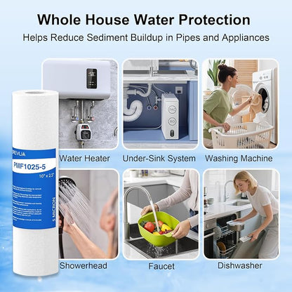 5 Micron 10" x 2.5" Sediment Filter, Whole House Water Filter Cartridge Replacement for Any 10 inch RO Unit, Compatible with Culligan P5, GE FXUSC, WFPFC5002, AP110, WHKF-GD05, Pack of 6