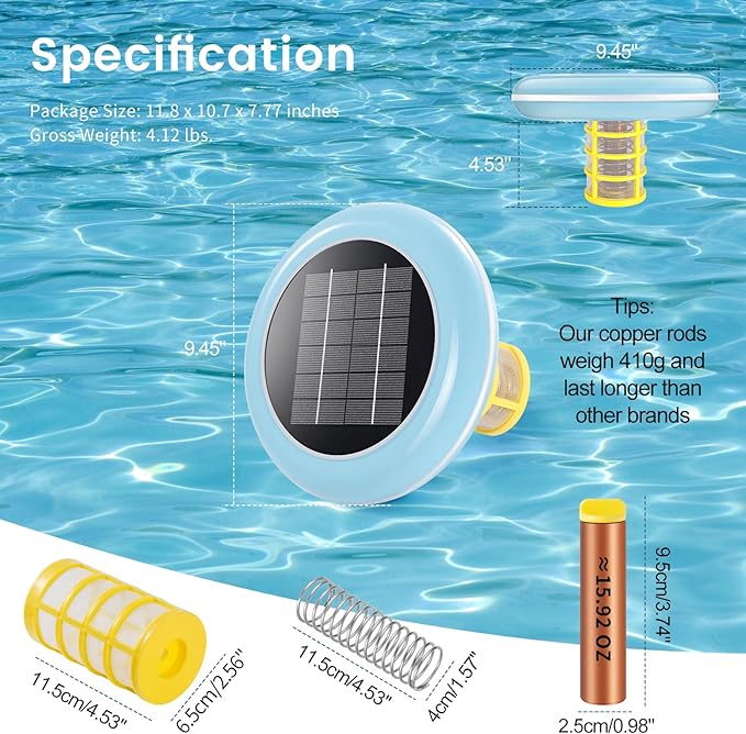 Pool Ionizer Solar Powered,Copper Ionization,Floating Automatic Water Cleaner and Purifier,Up to 65,000 Gal,85% Less Chlorine, Chlorine Free Water,Smart Replacement