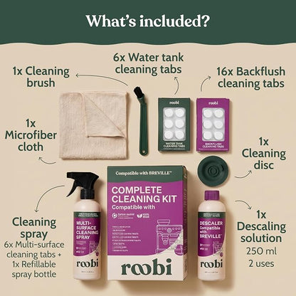 Roobi Espresso Complete Cleaning Kit Compatible with Breville | Descaling Solution, Espresso Cleaning Tablets, Water Tank Tabs, Multi-Surface Cleaner, 54mm Disc, Brush & Cloth