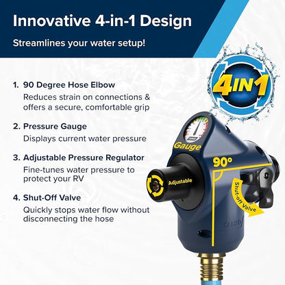 Camco Tastepure 4-in-1 Adjustable RV Water Pressure Regulator - Combines a 90° RV Hose Elbow Design, Pressure Gauge, Adjustable Regulator, & Shut-Off Valve in One RV Accessory (40065) | Combines 90 degree elbow, gauge, regulator and shutoff valve, fits...
