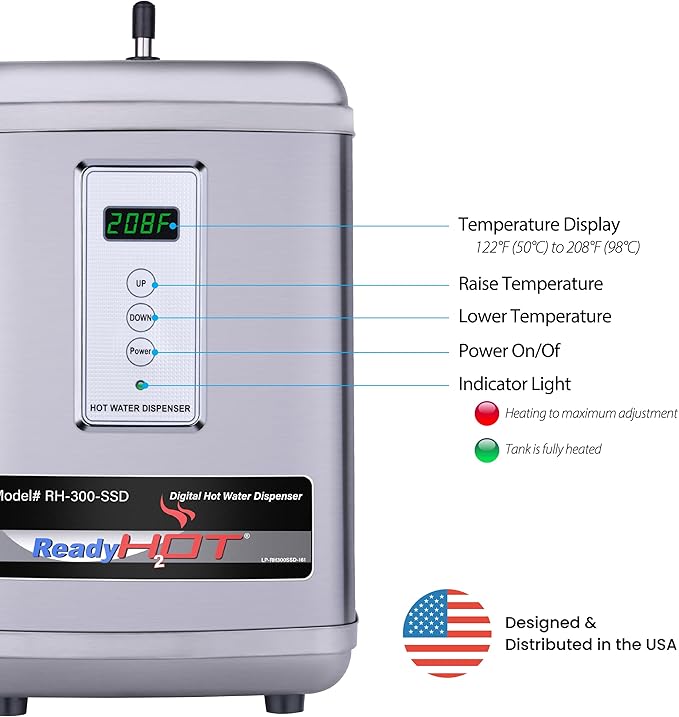 Ready Hot 41-RH-300-F570-CH Instant Hot Water Dispenser System, 2.5 Quarts, Digital Display Single Lever Hot Water Faucet Polished Chrome