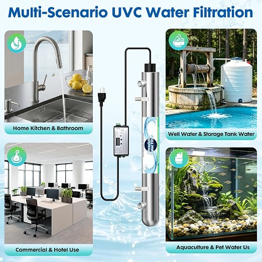 Whole House UV Water Filter System 80W 120V, 12GPM High Flow Whole Home Water Purifier with 3/4” MNPT Ports Equipped with Intelligent Water Flow Switch | UV water treatment system for city & well supply; Smart flow sensor enables fully auto-runs and ex...