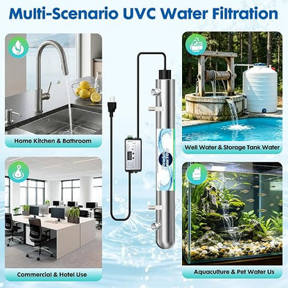 Whole House UV Water Filter System 80W 120V, 12GPM High Flow Whole Home Water Purifier with 3/4” MNPT Ports Equipped with Intelligent Water Flow Switch | UV water treatment system for city & well supply; Smart flow sensor enables fully auto-runs and ex...