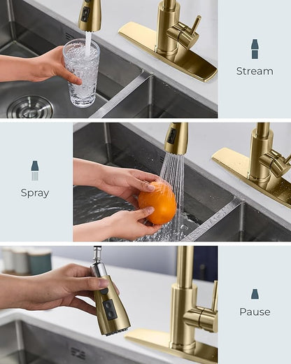 FORIOUS Gold Kitchen Faucet with Soap Dispenser and Pull Down Sprayer, Bar High Arc Single Handle Classic 3 Modes Stainless Steel Faucet for Kitchen Sink Farmhouse RV Laundry Camper