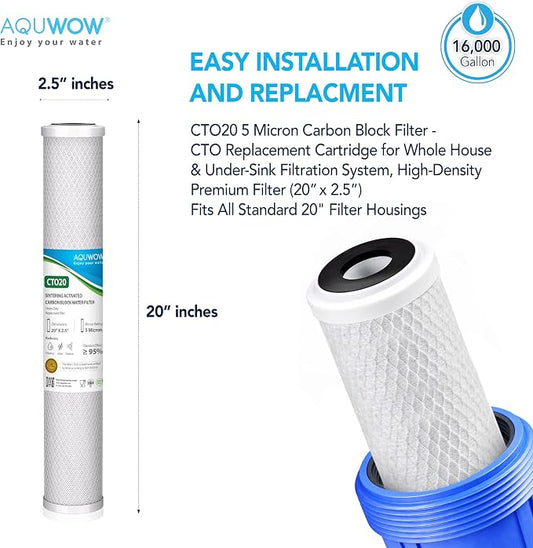 CTO20 5 Micron 2.5" x 20" Carbon Block Water Filter Set – Replacement Cartridges for Whole House and Under Sink Systems, Universal Standard Size (1, 20 x 2.5)