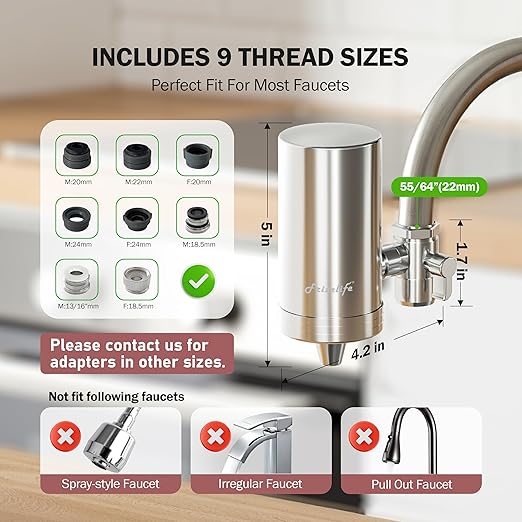 Frizzlife FS99 Water Filter for Sink Faucet, 2 Filters Certified Reduce 99% Lead, Heavy Metal For Skin Care, 360° Rotating＆304 Stainless Steel Tap Water Purifier for Kitchen Sink/Bathroom