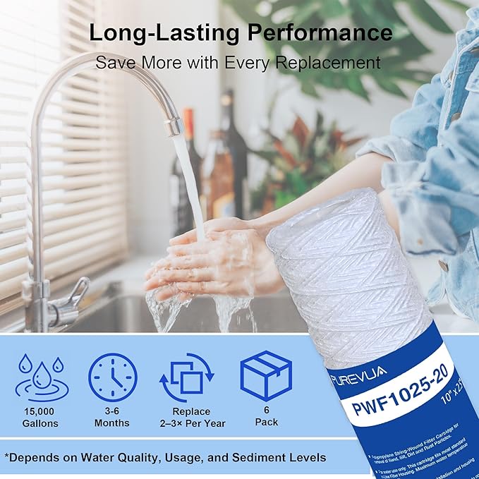 20 Micron 10"x2.5" String Wound Sediment Filter, Whole House Water Filter Cartridge for Well Water, Compatible with CW-F, AO-WH-PRE-R2, WHKF-WHSW, Fits Standard 10" Housings, 6 Pack