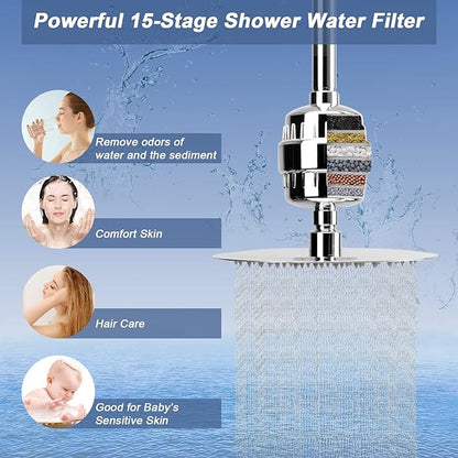 HarJue Filter Shower Head, High Pressure 8 Inch Rainfull with Filter Combo for Hard Water, Remove Chlorine Fluoride and Harmful Substances- 1 Replaceable Filter Cartridge (Round, Chrome)