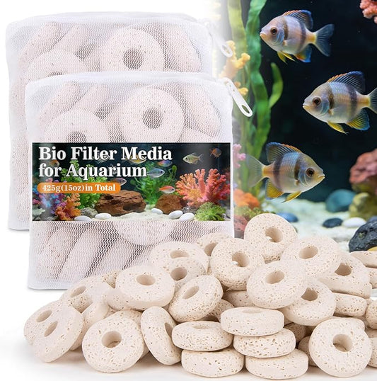 Sukh 2 Bags Ceramic Rings Bio Media - High Porosity Biological Filter Media for Aquarium, Fish Tank, Pond & Canister Filter, Includes 2 Mesh Bags for Filtration