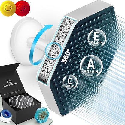 AquaHomeGroup Luxury Rain Shower Head with Filter - Reduces Chlorine, Rust and Sediment - Vitamin C E and A - High Pressure - Spa Effect - White