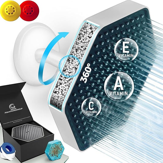 AquaHomeGroup Luxury Rain Shower Head with Filter - Reduces Chlorine, Rust and Sediment - Vitamin C E and A - High Pressure - Spa Effect - White