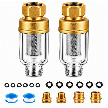 2 Pack Sediment Water Filter for Washing Machine, Reusable | Inline Water Pre-Filter with 3/4" Brass Adapters, 50 Micron Stainless Steel Screen Filter for Water Heaters, Showers, Faucet