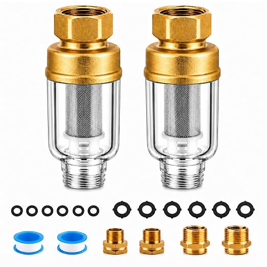 2 Pack Sediment Water Filter for Washing Machine, Reusable | Inline Water Pre-Filter with 3/4" Brass Adapters, 50 Micron Stainless Steel Screen Filter for Water Heaters, Showers, Faucet