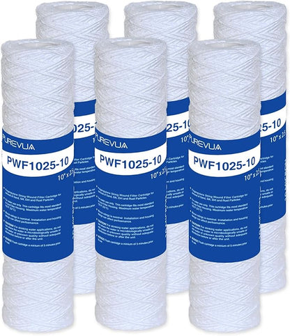 10 Micron 10"x2.5" String Wound Sediment Filter, Whole House Water Filter Cartridge for Well Water, Compatible with CW-F, AO-WH-PRE-R2, WHKF-WHSW, Fits Standard 10" Housings, 6 Pack