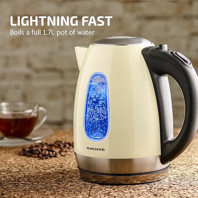 OVENTE Electric Kettle, 1.7L Stainless Steel Water Heater and Boiler for Coffee or Tea with BPA Free & Cordless Body, Auto Shut-Off, Boil-Dry Protection, LED Light and Removable Filter, Beige KS96BG