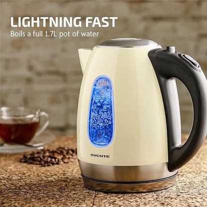 OVENTE Electric Kettle, 1.7L Stainless Steel Water Heater and Boiler for Coffee or Tea with BPA Free & Cordless Body, Auto Shut-Off, Boil-Dry Protection, LED Light and Removable Filter, Beige KS96BG