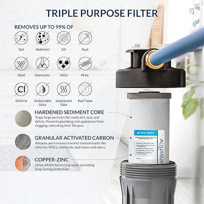 Aquasure Harmony Series 72,000 Grains Whole House Water Softener Bundle with Automatic Digital Control Head and Triple Purpose Sediment/Carbon/Zinc Filter System | Reduces Hardness (for 6+ bathrooms)