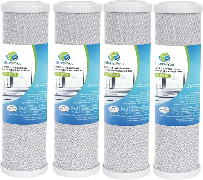 CFS Carbon Block Filters for GXWH04F, GXWH20F, GXWH20S, GXRM10, 4 Pack | Also fits FXWTC, WFPFC8002, WFPFC9001, CBC-10, SCWH-5, DWC30001, CTO10 & standard 10 x 2.5 in housings; 5 micron