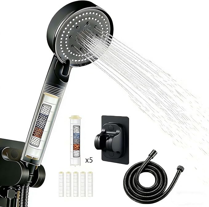 High Pressure Shower Head Black with Hose, 5-Spray Filtered Showerhead with No-Drill Holder, Water Softener Beads & ON/OFF Switch for Daily & Pet Care, Removes Chlorine, Softens Hard Water