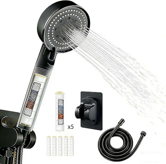 High Pressure Shower Head Black with Hose, 5-Spray Filtered Showerhead with No-Drill Holder, Water Softener Beads & ON/OFF Switch for Daily & Pet Care, Removes Chlorine, Softens Hard Water