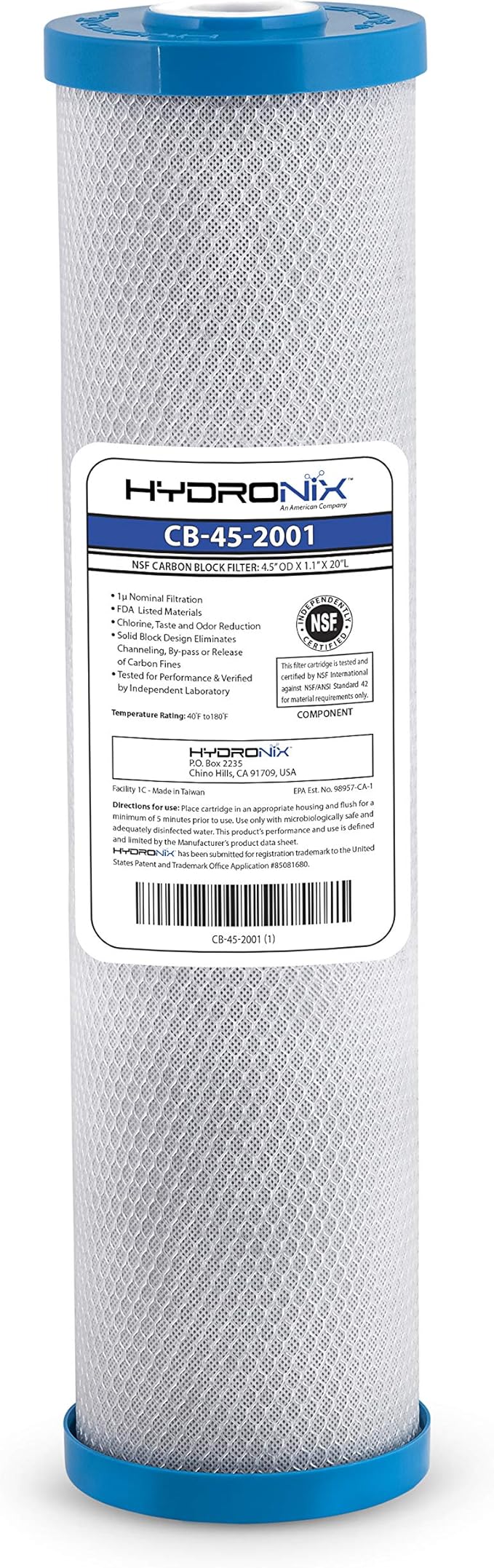 Hydronix CB-45-2001 Whole House, Commercial & Industrial NSF Coconut Carbon Block Water Filter, 4.5" x 20" - 1 Micron