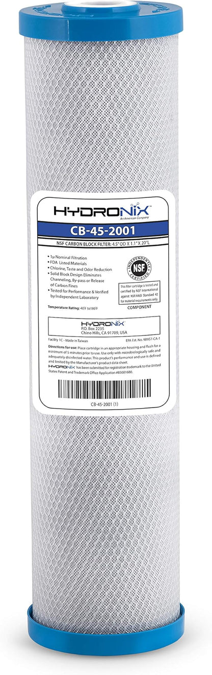 Hydronix CB-45-2001 Whole House, Commercial & Industrial NSF Coconut Carbon Block Water Filter, 4.5" x 20" - 1 Micron