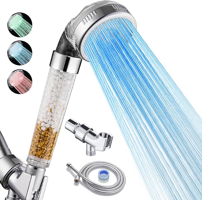 Cobbe Filtered LED Shower Head with Handheld, Color Changing, High Pressure Shower Head with Filter, Water Saving Spray Handheld Showerheads with Hose and Base for Dry Skin & Hair