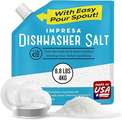 Dishwasher Water Softener Salt 8.8 LB – Pure, Coarse Grain Salt for Bosch, Miele, Whirlpool, Thermador & More – Eliminates Limescale, Spots & Residue – Vegan, Made in USA