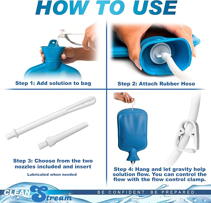 CleanStream Water Bottle Enema Cleaning Kit for Men and Women, 2 Quart Durable Rubber Bag with 5-Foot Flexible Tube, Tapered and Nozzle Tips Included, Flow Control Clamp, Hygienic Design