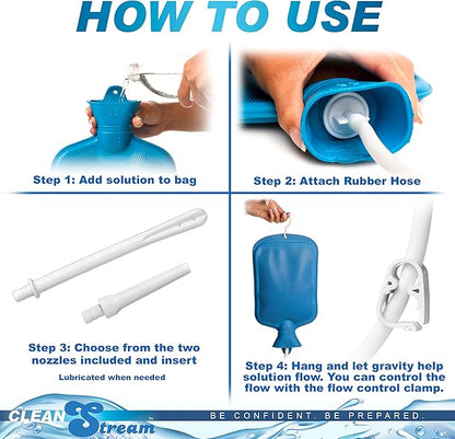 CleanStream Water Bottle Enema Cleaning Kit for Men and Women, 2 Quart Durable Rubber Bag with 5-Foot Flexible Tube, Tapered and Nozzle Tips Included, Flow Control Clamp, Hygienic Design