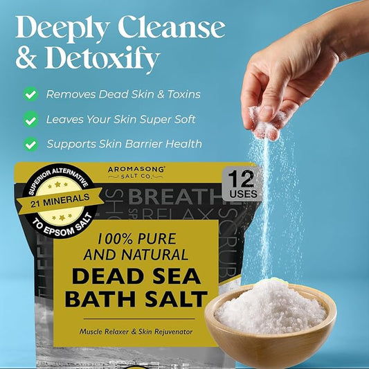 Aromasong Dead Sea Bath Salt - 100% Pure & Natural Dead Sea Salts for Soaking Fine Grain 5 LB - Bulk Resealable Pack - Used for Body wash Scrub - Soak for Women & Men.