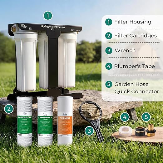 iSpring CW31 RV Water Filter System, 3-Stage RV Water Filtration System for Campers, 3/4'' Lead-Free Brass Hose Quick Connectors, Tankless, High Capacity, White