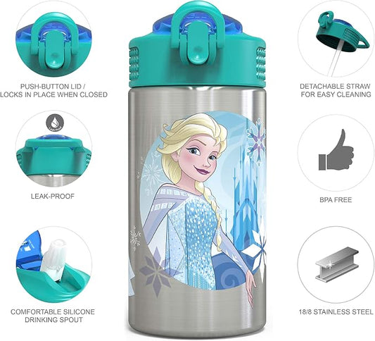 Zak Designs Frozen 15.5oz Stainless Steel Kids Water Bottle with Flip-up Straw Spout - BPA Free Durable Design, Frozen Girl SS
