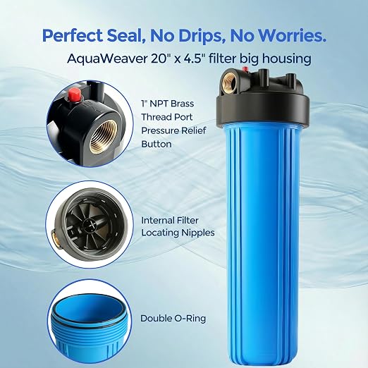 WH-20HD Whole House Water Filter Housing, Fit 20"x4.5" Sediment Filters for Well and City Water, Big Filter Blue Pre-Filtration System for Home, 1" NPT Port, Pressure Release