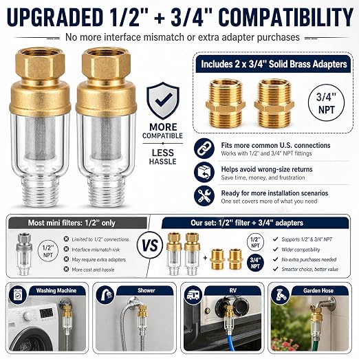 2 Pack Sediment Water Filter for Washing Machine, 50 Micron Reusable Inline Water Pre-Filter with Brass Adapters, Stainless Steel Screen Mini Filter for Water Heater, Shower, Faucet, RV & Garden Hose