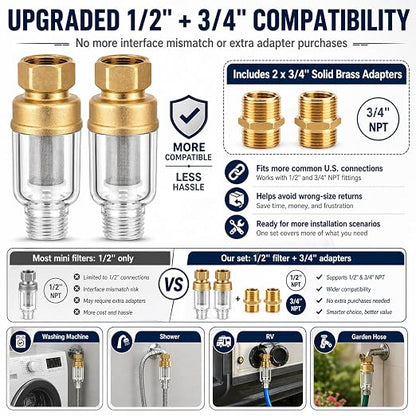 2 Pack Sediment Water Filter for Washing Machine, Reusable | Inline Water Pre-Filter with 3/4" Brass Adapters, 50 Micron Stainless Steel Screen Filter for Water Heaters, Showers, Faucet