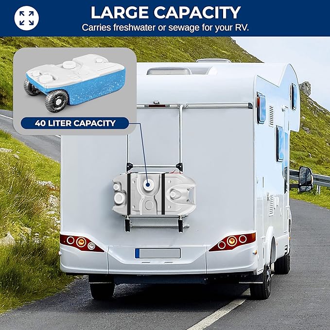 SereneLife 10 Gallon / 40L RV Water Tank – Camper Accessories Portable Container with Level Indicator, Rotating Spout, Metal Handle & Heavy-Duty Wheels, Suitable for Freshwater or Sewage Storage