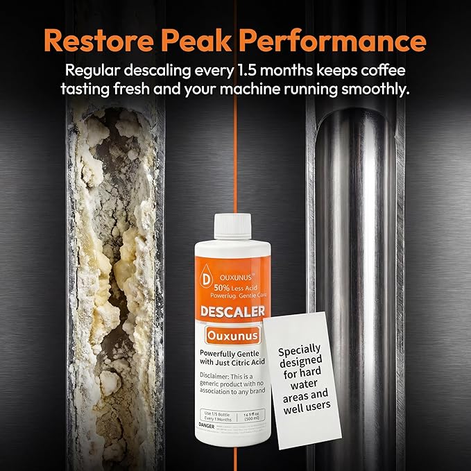 Gentle Descaling Solution Compatible with DeLonghi Coffee Machines, 16.9 fl Oz Professional Formula for Hard Water & Well Users, （5 Uses Descaler）
