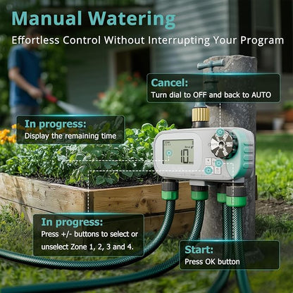 QUOBAS Sprinkler Timer for Garden Hose, Programmable Brass Water Timer | 4 Zone Hose Timer with Child Lock for Drip Irrigation, Pool, with Rain Delay/Auto/Manual, Waterproof Screen & Battery Powered