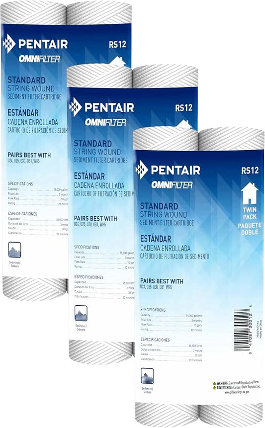 Pentair OMNIFilter RS12 Sediment Water Filter, 10-Inch, Standard Whole House String Wound Sediment Replacement Filter Cartridge, 10" x 2.5", 20 Micron, Pack of 6